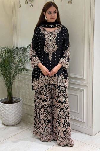 Black faux georgette embroidered palazzo set
