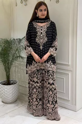 Black faux georgette embroidered palazzo set