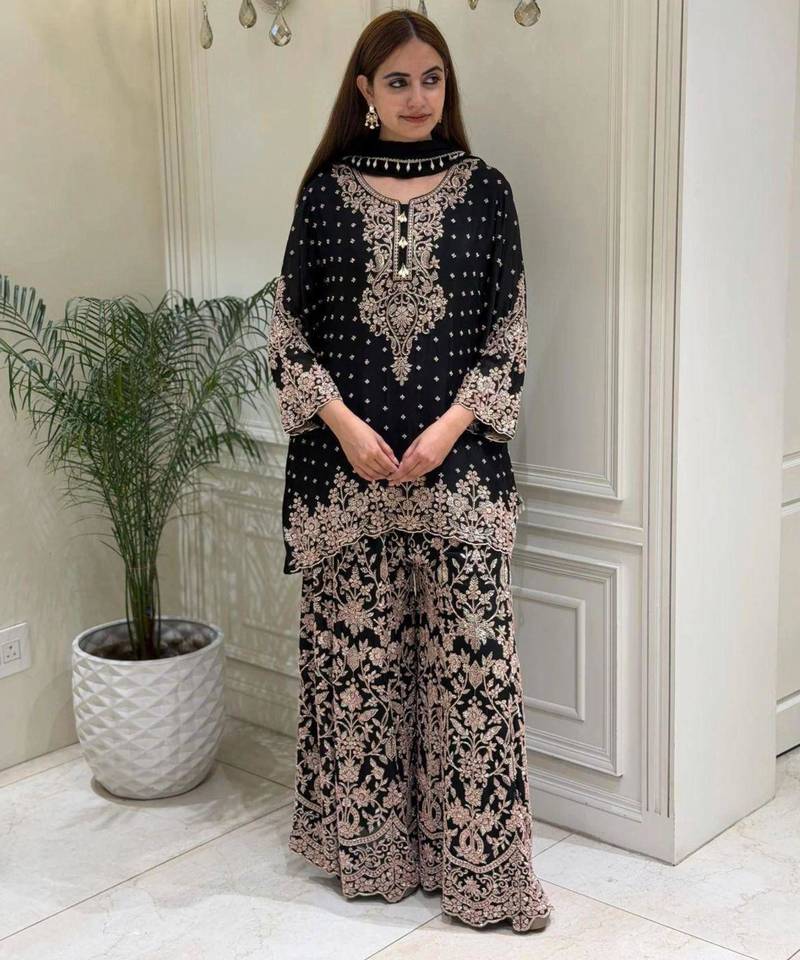 Black faux georgette embroidered palazzo set