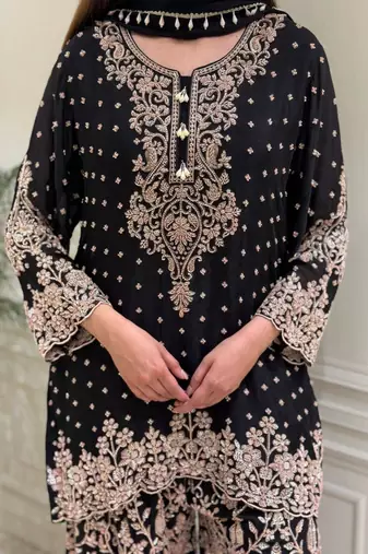 Black faux georgette embroidered palazzo set
