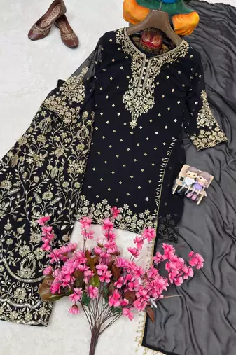 Black faux georgette embroidered palazzo set