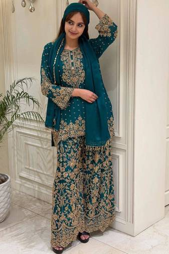 Teal faux georgette embroidered palazzo set
