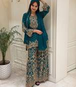 Teal faux georgette embroidered palazzo set