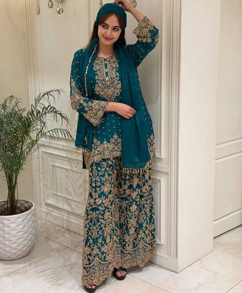 Teal faux georgette embroidered palazzo set