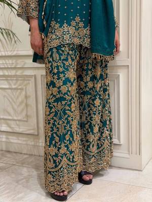 Teal faux georgette embroidered palazzo set 3