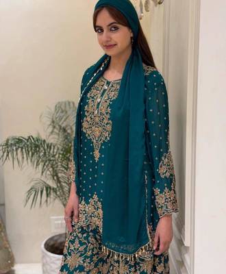 Teal faux georgette embroidered palazzo set 4