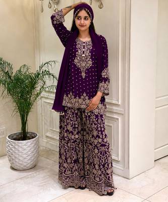 Purple faux georgette embroidered palazzo set 1