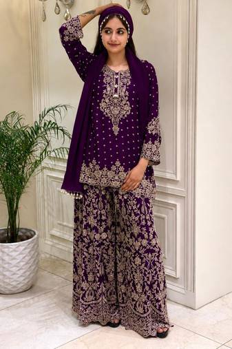 Purple faux georgette embroidered palazzo set