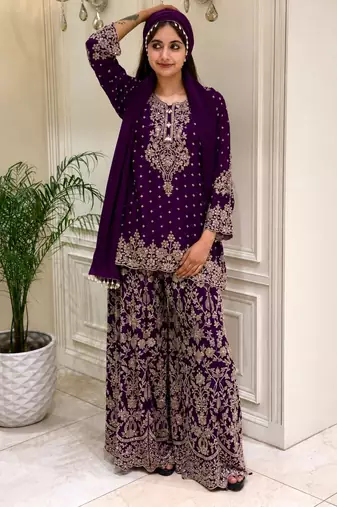 Purple faux georgette embroidered palazzo set