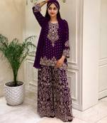 Purple faux georgette embroidered palazzo set