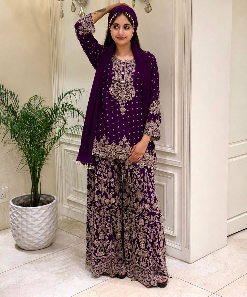 Purple faux georgette embroidered palazzo set