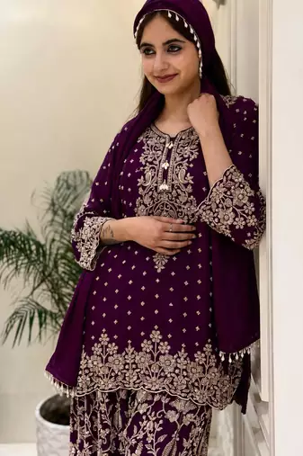 Purple faux georgette embroidered palazzo set