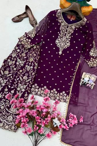 Purple faux georgette embroidered palazzo set