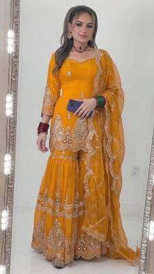 Yellow silk blend embroidered sharara set 1