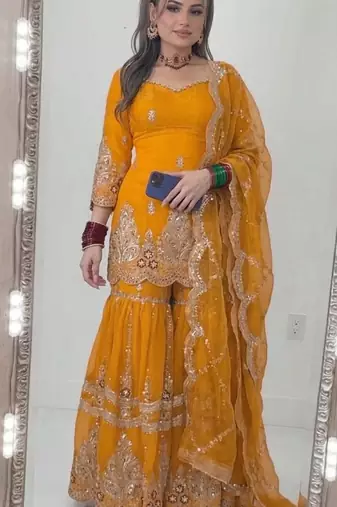 Yellow silk blend embroidered sharara set