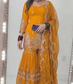 Yellow silk blend embroidered sharara set