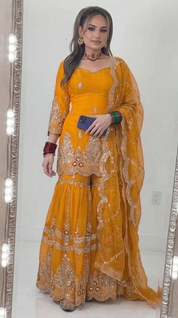 Yellow silk blend embroidered sharara set