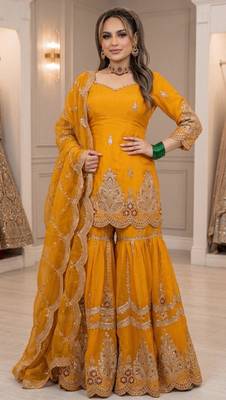 Yellow silk blend embroidered sharara set 2