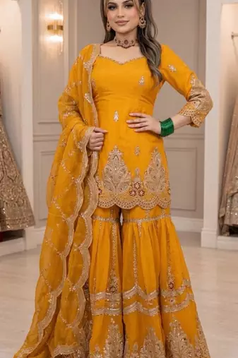 Yellow silk blend embroidered sharara set