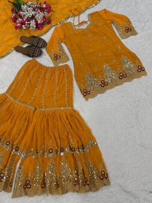 Yellow silk blend embroidered sharara set 3