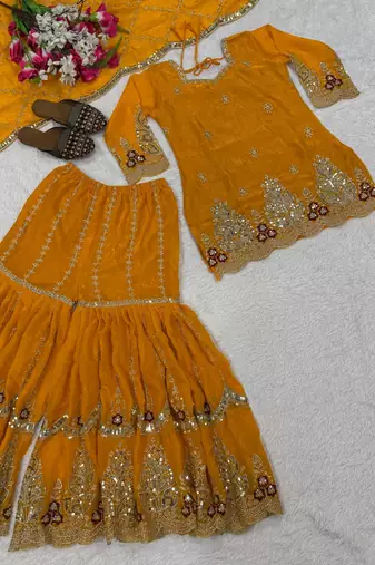 Yellow silk blend embroidered sharara set
