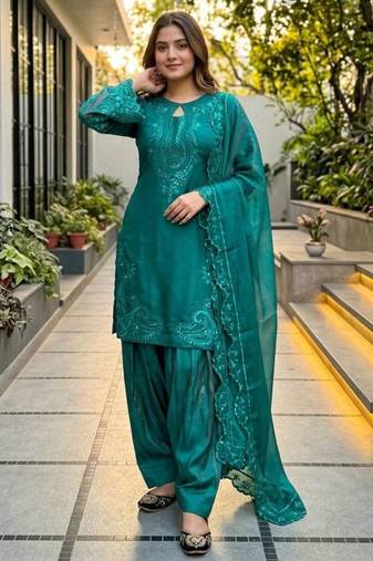 Teal-green silk blend embroidered farshi salwar set