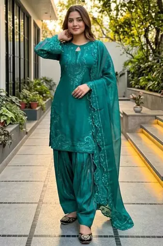 Teal-green silk blend embroidered farshi salwar set