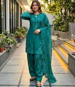 Teal-green silk blend embroidered farshi salwar set