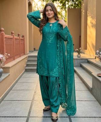 Teal-green silk blend embroidered farshi salwar set 2