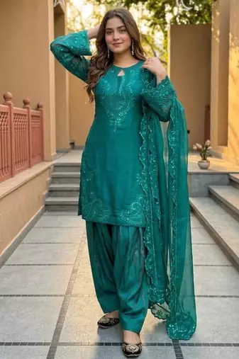 Teal-green silk blend embroidered farshi salwar set