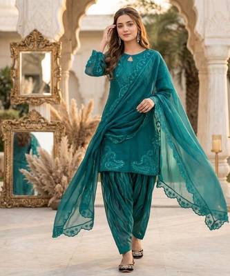 Teal-green silk blend embroidered farshi salwar set 3
