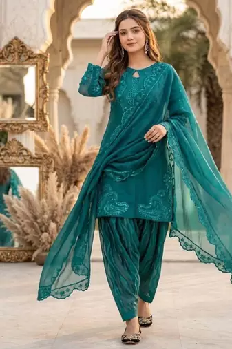 Teal-green silk blend embroidered farshi salwar set