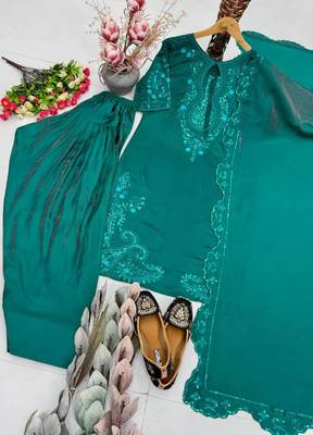 Teal-green silk blend embroidered farshi salwar set 4