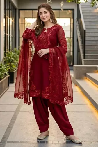 Maroon silk blend embroidered farshi salwar set
