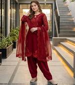 Maroon silk blend embroidered farshi salwar set