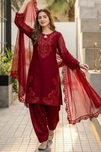 Maroon silk blend embroidered farshi salwar set
