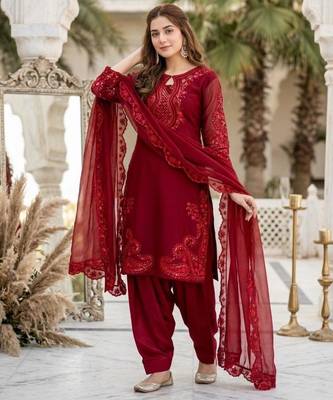 Maroon silk blend embroidered farshi salwar set 3