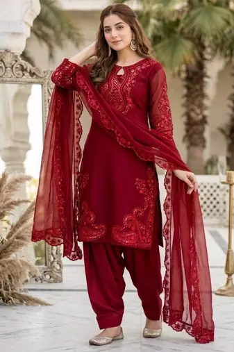 Maroon silk blend embroidered farshi salwar set