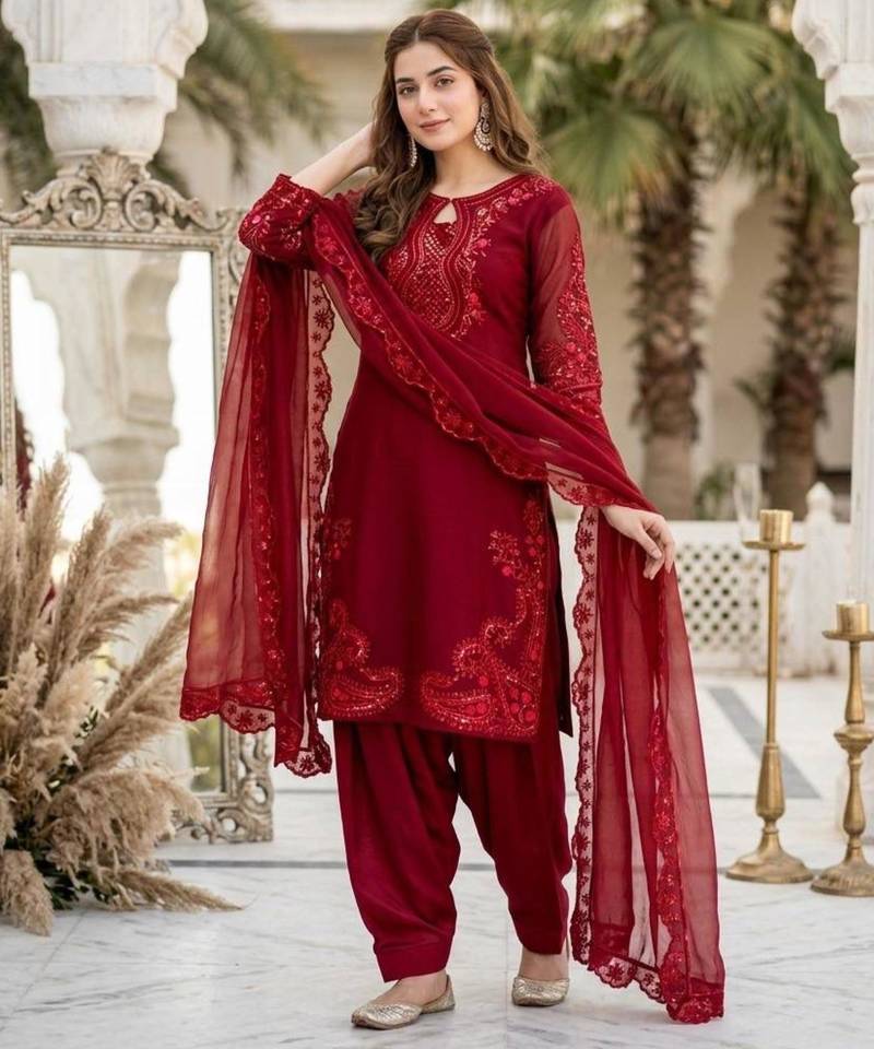 Maroon silk blend embroidered farshi salwar set