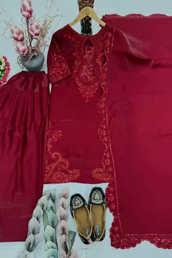 Maroon silk blend embroidered farshi salwar set