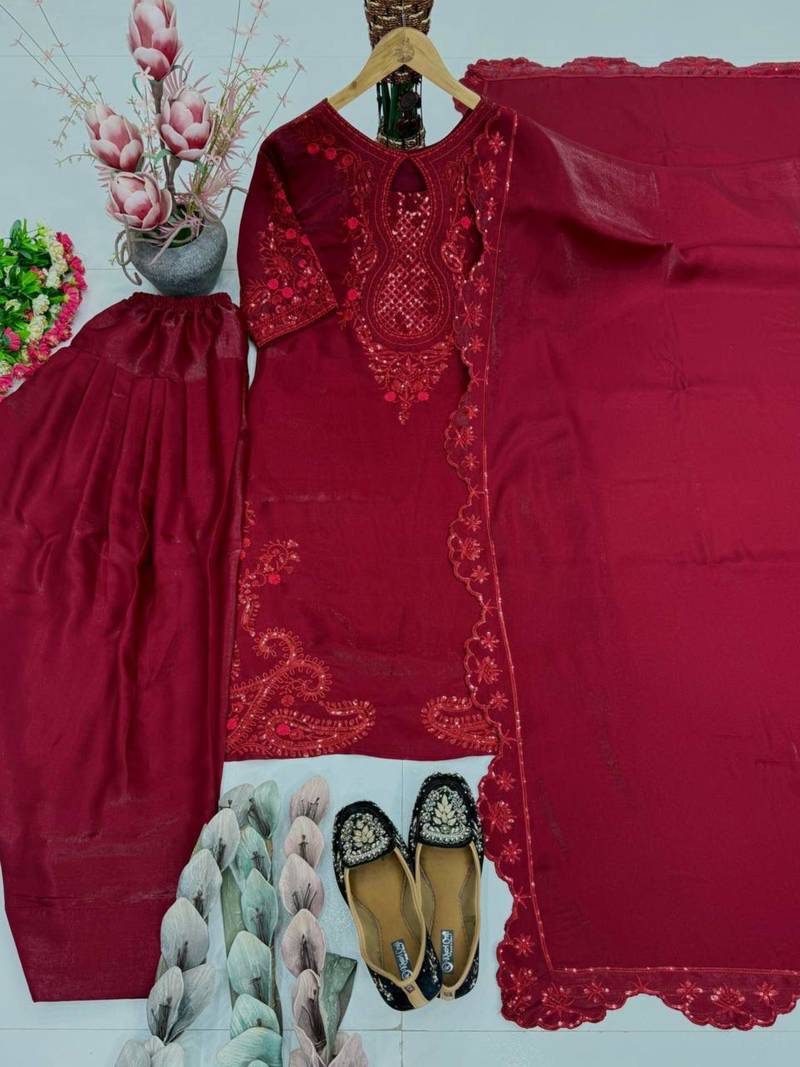 Maroon silk blend embroidered farshi salwar set