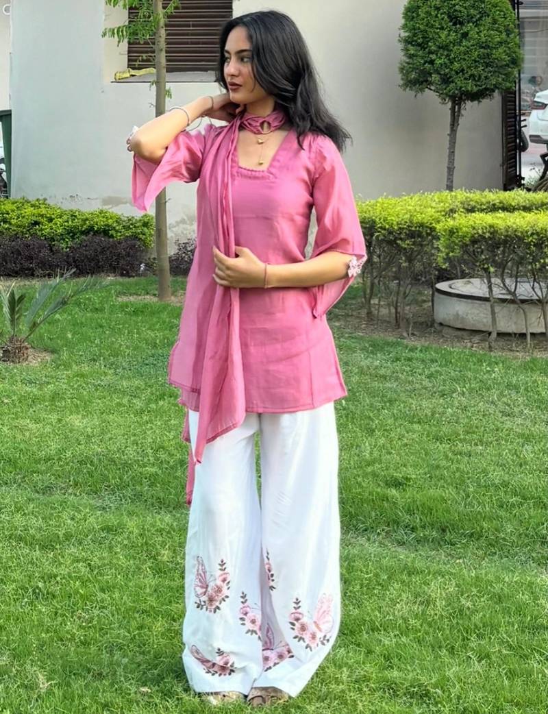 Pink silk blend embroidered palazzo set