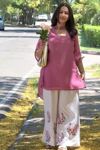 Pink silk blend embroidered palazzo set