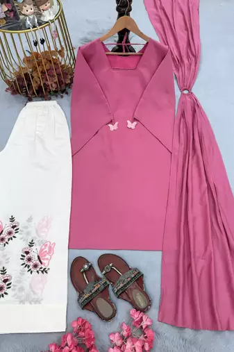 Pink silk blend embroidered palazzo set