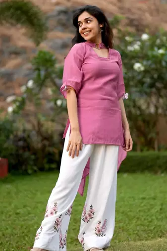 Pink silk blend embroidered palazzo set