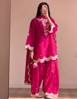 Magenta silk blend embroidered farshi salwar set 1