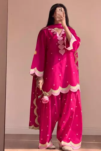 Magenta silk blend embroidered farshi salwar set