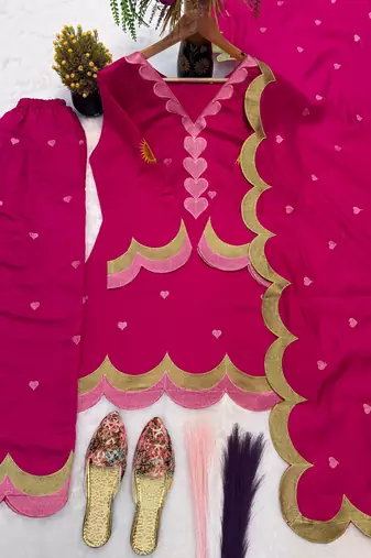 Magenta silk blend embroidered farshi salwar set
