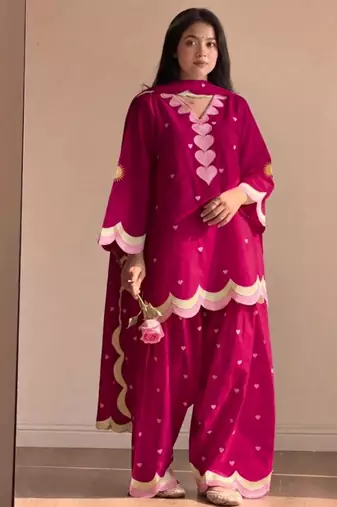 Magenta silk blend embroidered farshi salwar set