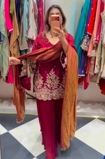 Maroon crepe embroidered palazzo set